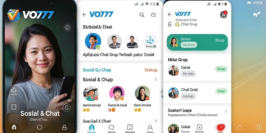 Antarmuka modern VO777 untuk aplikasi Chat Grup yang interaktif.