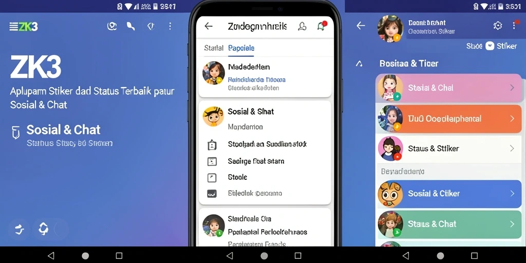 Tampilan antarmuka aplikasi ZK3 dengan fitur Status & Stiker menarik.